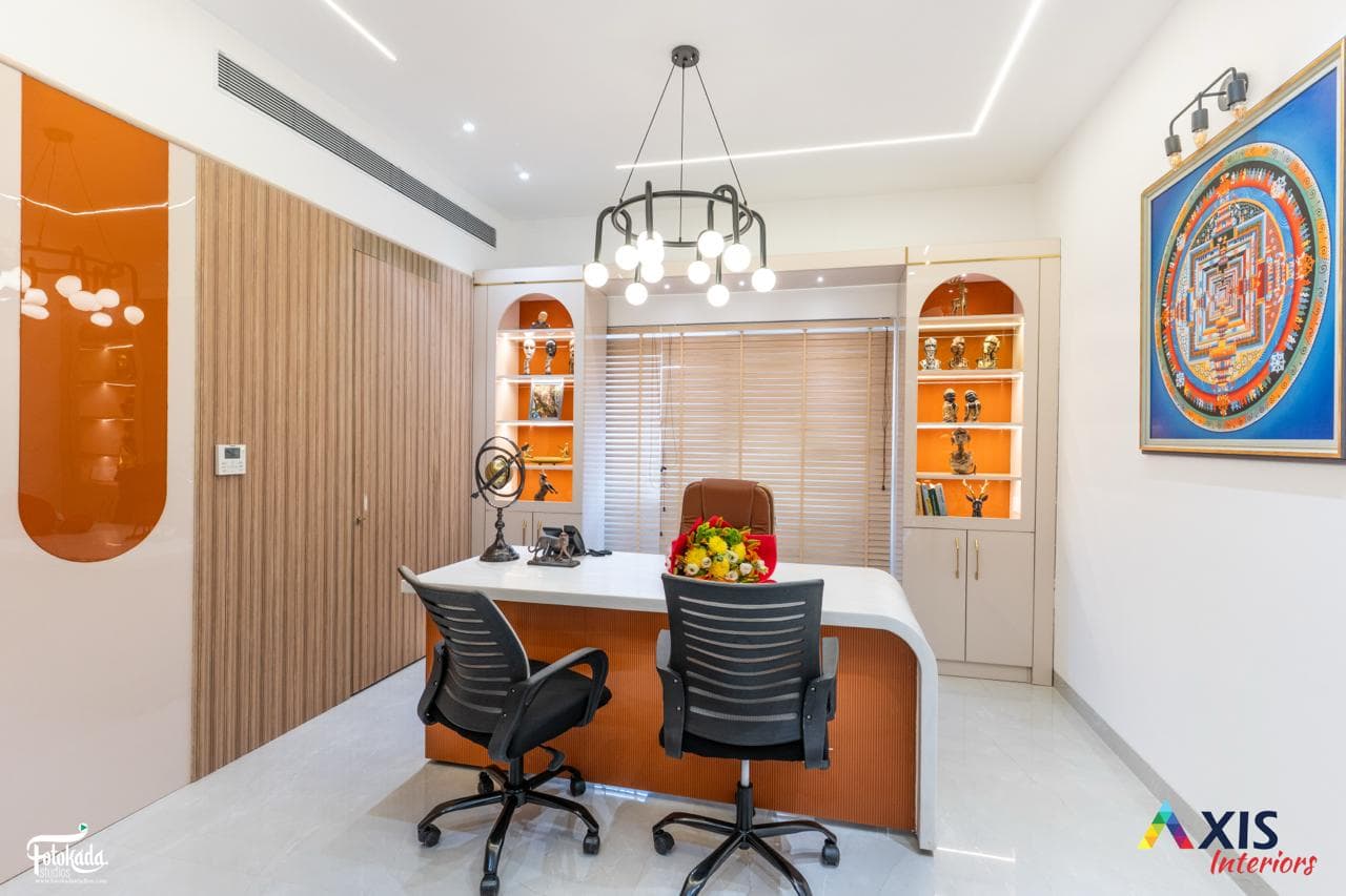 Doctor's consultation cabin with mandala thangka art and display niches