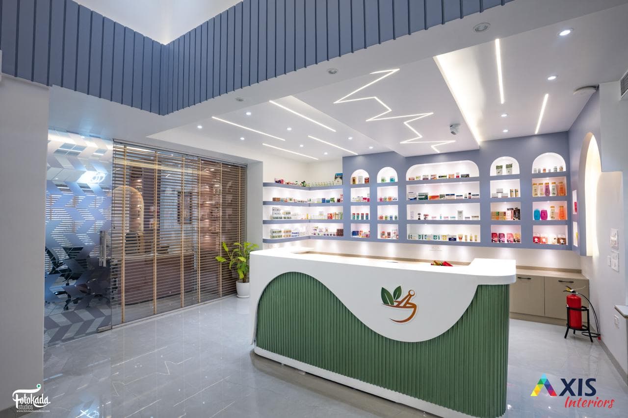 Ayurvedic pharmacy and dispensary with sage-green reception counter